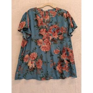 Maurices Blue Floral Flutter Sleeve V Neck Tunic Top Plus Size 1X